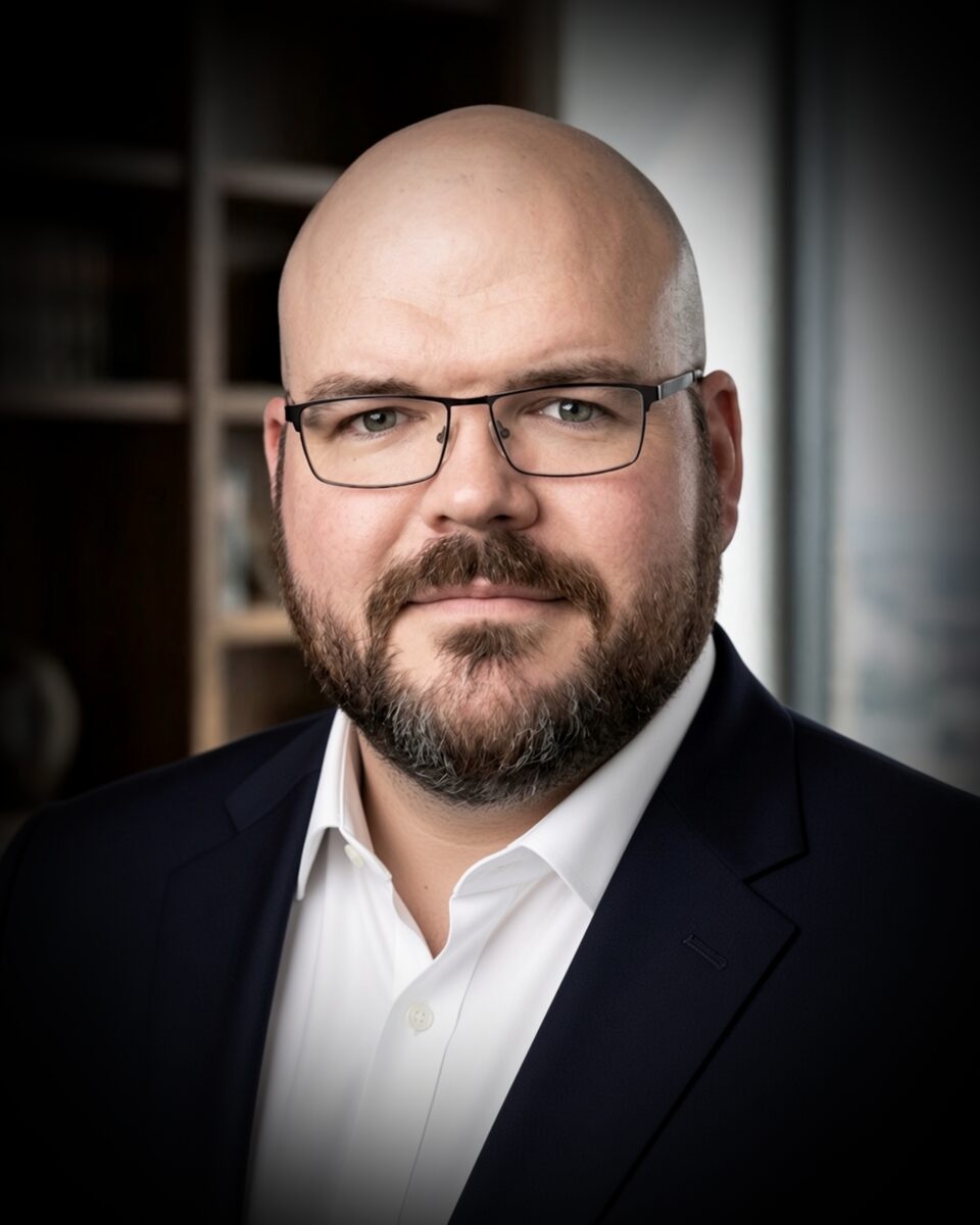 Jared Smith, in a navy suit and open collar, photographed in front of an office window