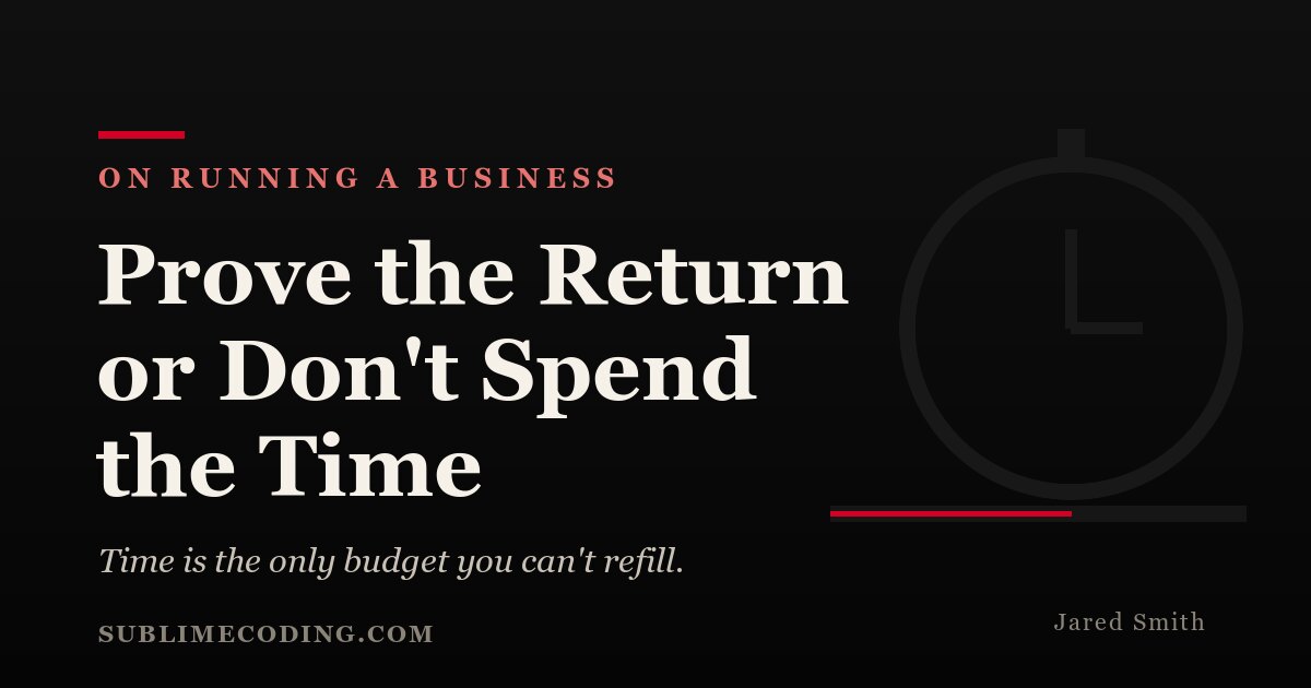 Editorial card titled 'Prove the Return' with a stopwatch beside a flat-lined software spend chart